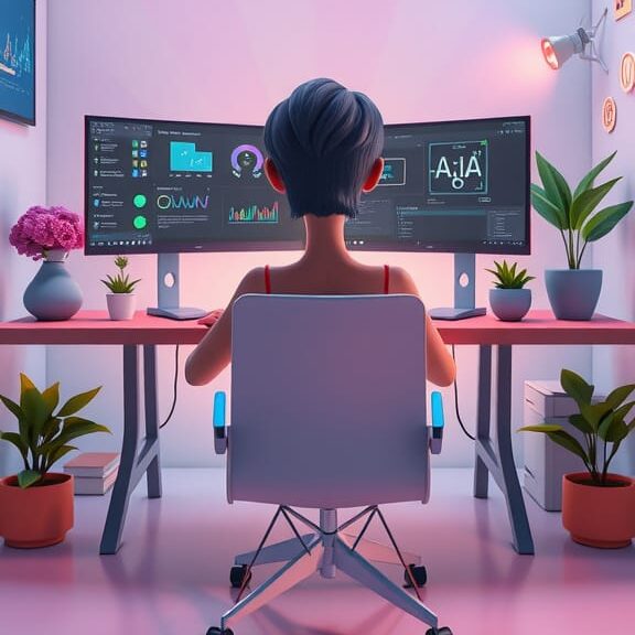 Imagen estilo Pixar de una mujer en su PC